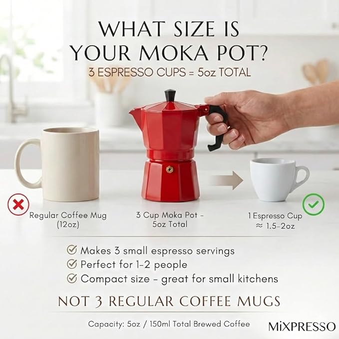 Mixpresso Red 3 Cup Moka Pot Cuban Coffee Maker, Moka Pot for Gas, Electric Stove Top, Classic Italian Coffee Maker, Stovetop Espresso Maker, Camping Pot Makes 3 Espresso Cup 5 Oz