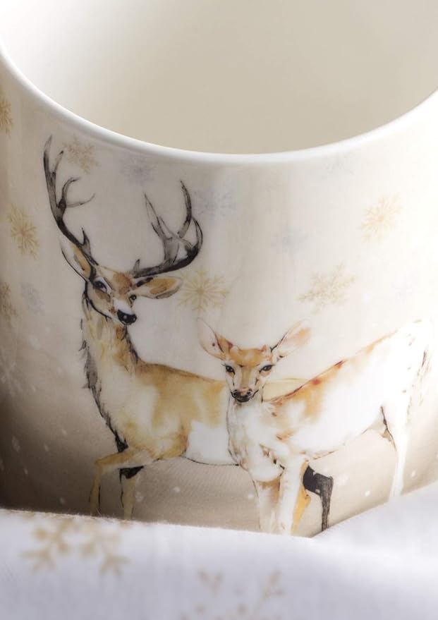 Maison d' Hermine Coffee Mug with Handles Fine Bone China Mugs Pack of Two Tea Cups for Hot Beverages Cappuccino Latte Home Restaurant Office Perfect for Gift (Deer In The Woods, 12 Ounce)