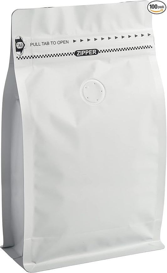 12oz 100pcs High Barrier Wihite Coffee Bags with Aluminum Foil Liner, Resealable Coffee Pouches with Degassing Valve, Ziplock Food Storage Bags with Pull Tape, 12oz/0.75lb/340gram, Pack of 100