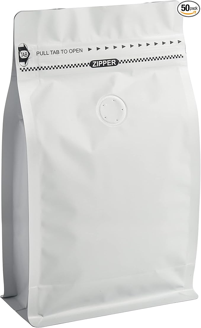 16oz 50pcs Wihite Coffee Bags with High Barrier Aluminum Foil Liner, Resealable Coffee Pouches with Degassing Valve, Ziplock Food Storage Bags with Pull Tape, 16oz/1lb/500gram