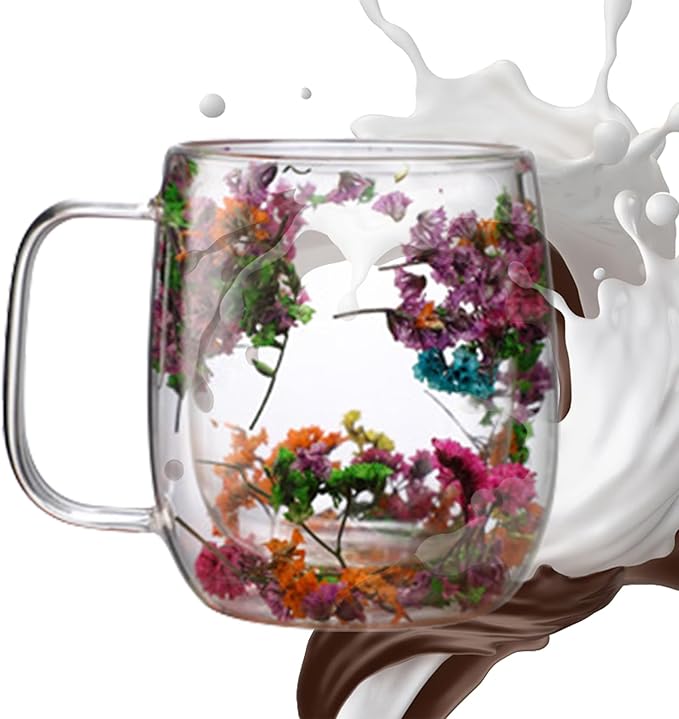 Dried Flowers Insulated Glass Double Wall Coffee Mug With Handle 250ml/390ml Transparent Double Glases Flower Tea Cup Latte Coffee Cup Borosilicate Glass Tea Mug