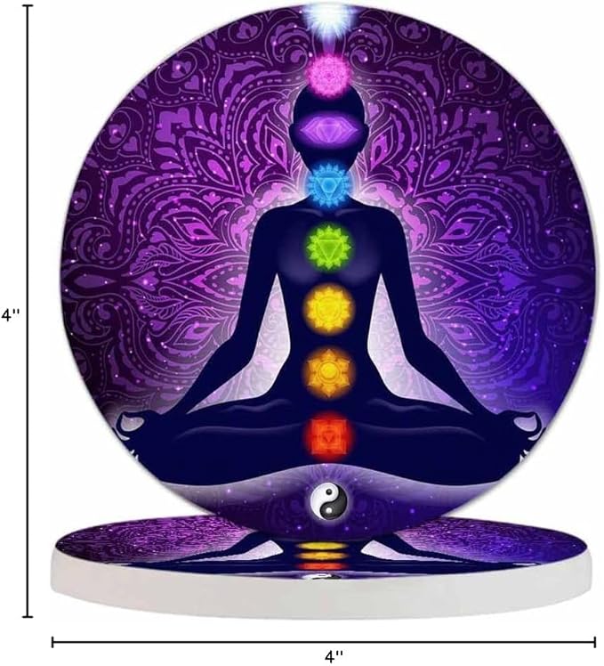 Meditating Woman in Lotus Pose Cup Coasters Set of 2 Aura Glow Spiritual Colorful 9 Chakras Mandala Wooden Table Apartment Decor 100% Diatomite for Drinking Glasses,4 Inches