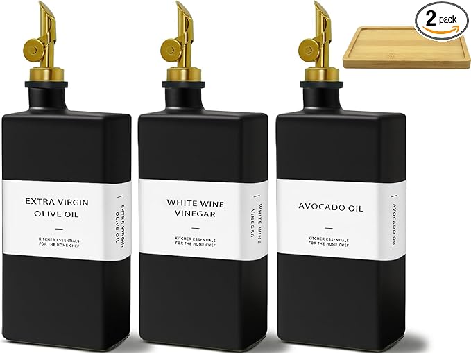 Olive Oil Dispenser Bottle for Kitchen with Bamboo Tray- Glass Oil and Vinegar Dispenser Set 16.9oz, Soy Sauce & Syrup Bottle, Modern Hostess Gift (Black, 16.9oz, Set of 3)