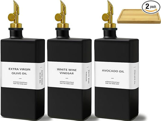 Olive Oil Dispenser Bottle for Kitchen with Bamboo Tray- Glass Oil and Vinegar Dispenser Set 16.9oz, Soy Sauce & Syrup Bottle, Modern Hostess Gift (Black, 16.9oz, Set of 3)