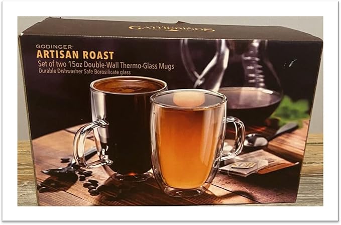 Godinger Handled Mug Double Wall Glass Coffee Cups Insulated for Drinking Espresso Latte Mocha Tea – 15 oz – Set of Two