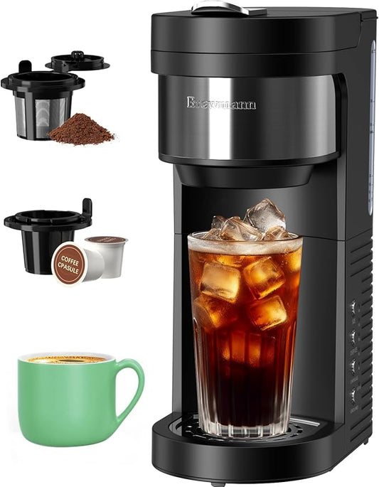 Brewmann Single Serve Hot & Iced Coffee Maker, for K Cup Pod and Grounds, 6 to 24oz Brew Size, Slim Compact for Small Spaces, Descaling Reminder, with Reusable Filters, Black