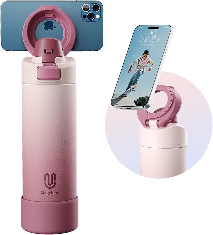 Insulated Magnetic Water Bottle - Reusable Stainless Steel Bottle with MagSafe Compatible Phone Holder - Perfect for Gym, Sports, and Travel - Blush Pink 24oz
