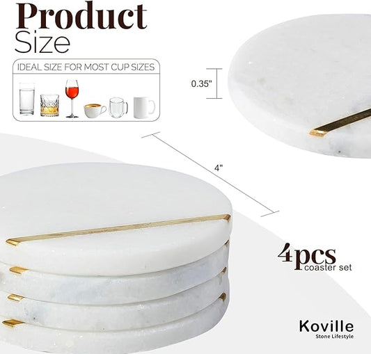 Koville Marble Coaster Set of 4, Round Coasters, 4" Stone Coaster for Drinks Coffee, White Marble with Gold Brass Coasters for Coffee Table Home Bar Decor, Heat Resistant, Gift Choice