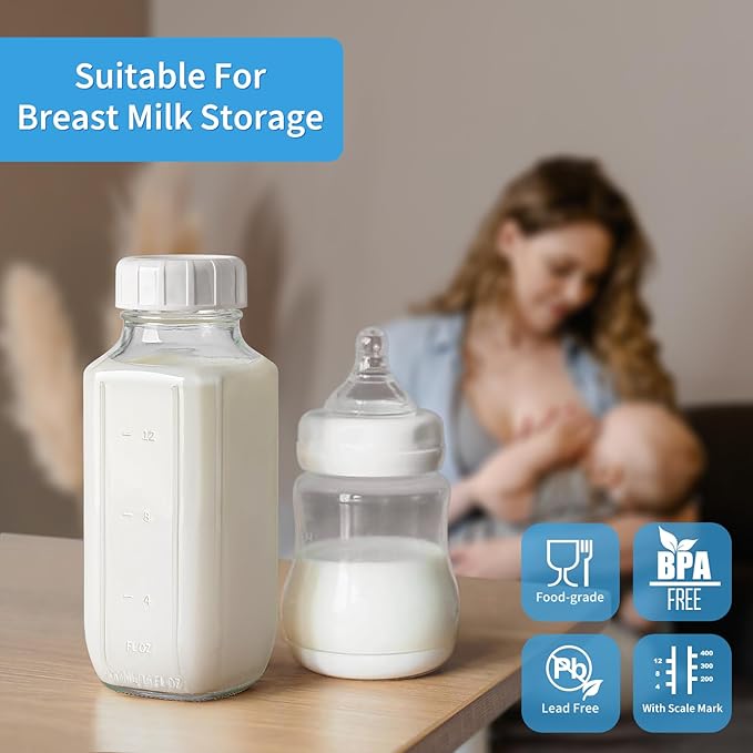 6 Pack 16 Oz Glass Juice Bottles with 2 Pour Spouts, 100% Airtight Heavy Duty SCREW Lid- Reusable Glass Milk Bottles w Scale Mark, Square Drinking Jar Juice Container Breast Milk Pitcher(Extra 2 Lid)