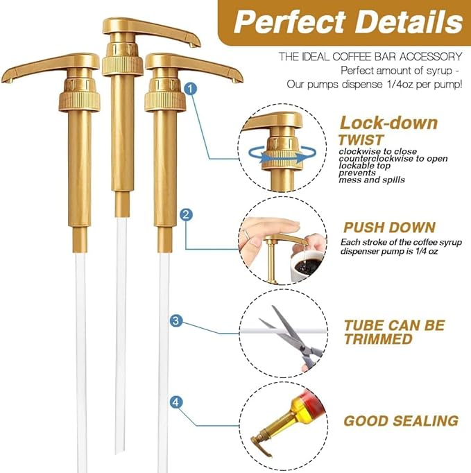 50 Pcs Gold Coffee Syrup Pump Dispenser, Compatible with 25.4 Oz/750 ml Bottles Squirt Syrup Pump Bulk Great for Home & Coffee Bar Drinking Mixes, Tea, Beverage, Cocktails, Plus Spoons