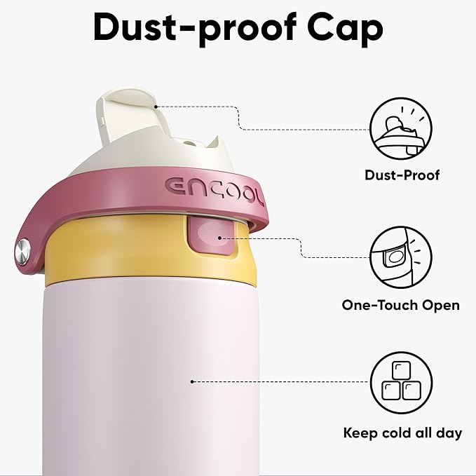 ENCOOL Leakproof Insulated Water Bottle with Straw Dual-Sip Water Bottle Bag-Safe Design for Work, Commute & Gym – Keeps Drinks Cold All Day, 18 oz, Blush Pink