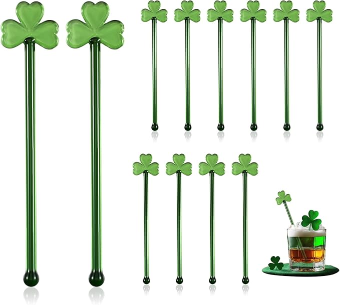 12 Pcs St. Patrick's Day Glass Drink Stirrers 7 Inch Swizzle Sticks for Cocktails Coffee Reusable Green Shamrock Beverage Stir Sticks for Irish Festival Party Coffee Bar Kitchen Bar