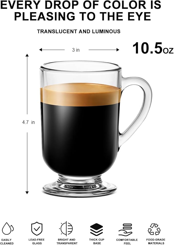 LUXU Irish Glass Coffee Mugs Set of 4,Latte Cups,Clear Coffee Mug 10.5 OZ, Glass Mugs With Handles for Hot Beverages, Clear Mug for Tea, Cappuccino, Latte,Juice,Milk, Hot Chocolate Mugs