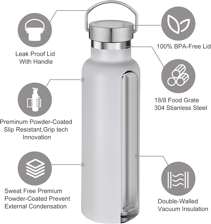 Neihepal 20 oz Insulated Water Bottles,Stainless Steel Double Wall Sport Bottle with Lid of Handle (8, White)