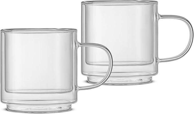JoyJolt Haven Stackable Double Wall Glass Mugs, Set of 2 (13.5oz) Insulated Coffee Cups, Double Wall Glass Coffee Cups, Tea Cups, Latte Cups, Cappuccino Cups, Clear mugs set of 2