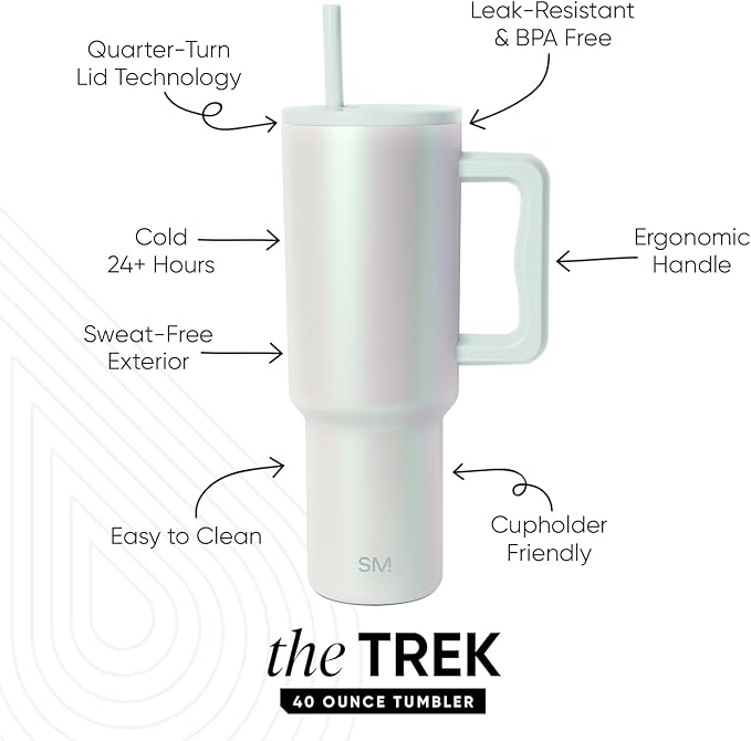 Simple Modern 40 oz Trek Tumbler with Handle and Straw Lid | Cup Holder Friendly Insulated Stainless Steel Travel Mug | Spring Air Pearl