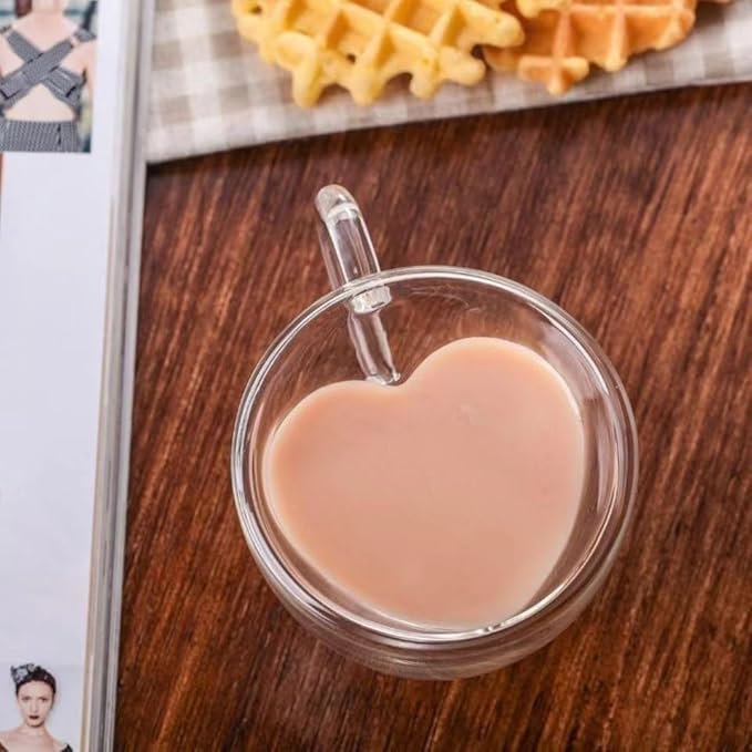 Heart-Shaped Double Wall Glass Coffee Mugs, 6oz/180ml Set of 4, Insulated Espresso Cups with Handles for Espresso, Macchiato, Stylish Coffee Mugs