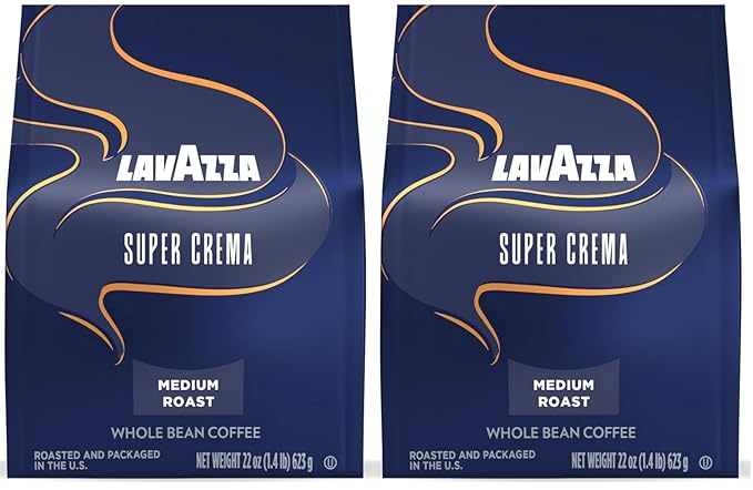 Lavazza Super Crema Whole Bean Coffee, Medium Espresso Roast, Arabica and Robusta Blend, 22 oz Bag (Pack of 2)