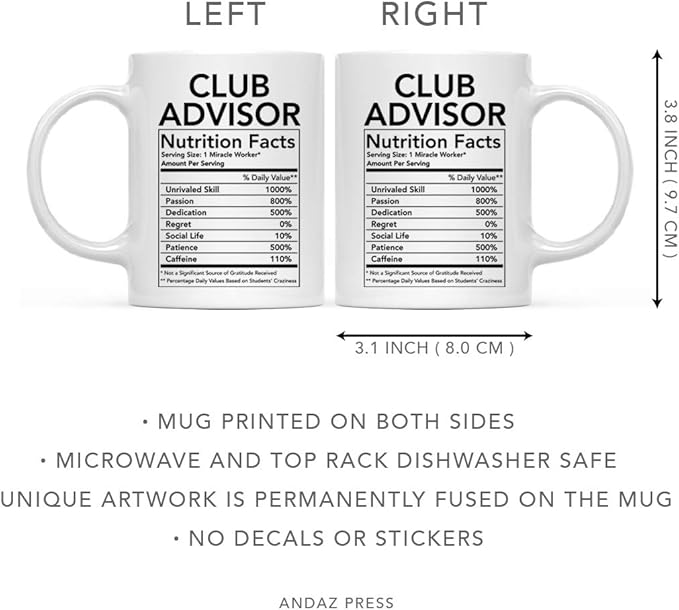 Andaz Press Funny 11oz. Ceramic Coffee Tea Mug Thank You Gift, Club Advisor Nutritional Facts, 1-Pack