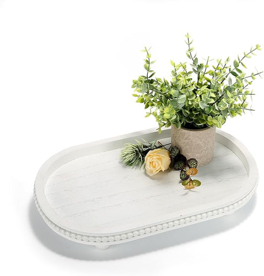 Wooden Decorative Tray for Home Decor, Beaded White Oval Tray Decor for Coffee Table, Rustic Wood Serving Trays Farmhouse Centerpieces for Living Room Kitchen Counter (White Oval)