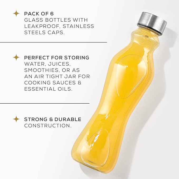 JoyJolt Spring Glass Water Bottles Set of 6-18 oz Glass Bottles with Stainless Steel Caps - Glass Drinking Bottles with Leakproof Lids - Reusable Glass Juice Bottle - Container Bottle Set
