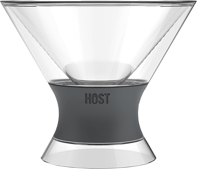 Host Freeze Insulated Martini Cooling Cups, Plastic Freezer Gel Chiller Double Wall Stemless Cocktail Glass Set of 2, 9 oz, Grey