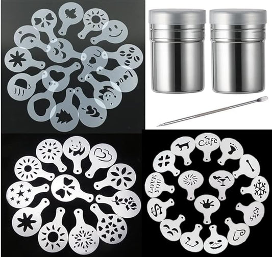44 Coffee Stencils+2 Mesh Powder Shakers+1 Coffee Latte Art Pen, Coffee Decoration Stencils Coffee Art Templates Coffee Mold Tool for Christmas Thanksgiving Cake Coffee