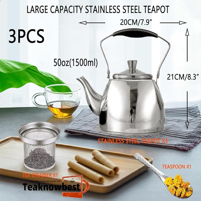 Stainless Steel Teapot with Infuser, Loose Leaf Tea Pot 50oz, Stovetop Safe Tea Kettle, Dishwasher Safe (1500ml)