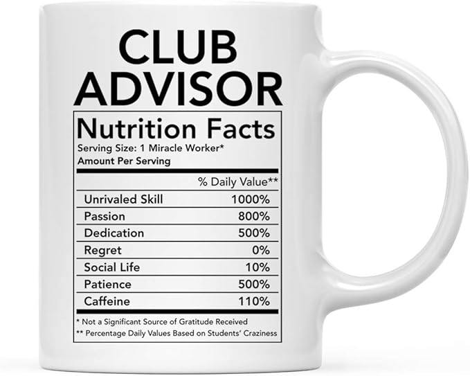 Andaz Press Funny 11oz. Ceramic Coffee Tea Mug Thank You Gift, Club Advisor Nutritional Facts, 1-Pack