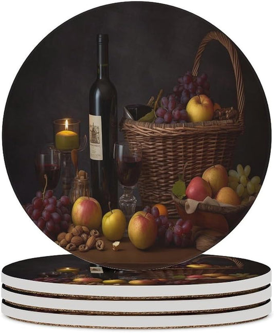 Round-4PCS Red Wine Drink Coasters, Round Modern Ceramic Absorbent Coasters, Red Wine Bottle and Grapes on Wood Fruit Print Decor Desk Coffee Table Coaster for Beverage Cup Tea Coasters