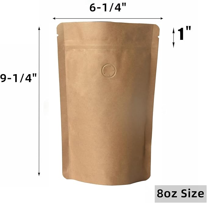 100 Pack Kraft Coffee Bags with Zipper Lock, High Barrier Resealable Stand Up Coffee Pouches, Degassing Valve for Coffee, Size for 8oz/224 Grams Beans or Grounded