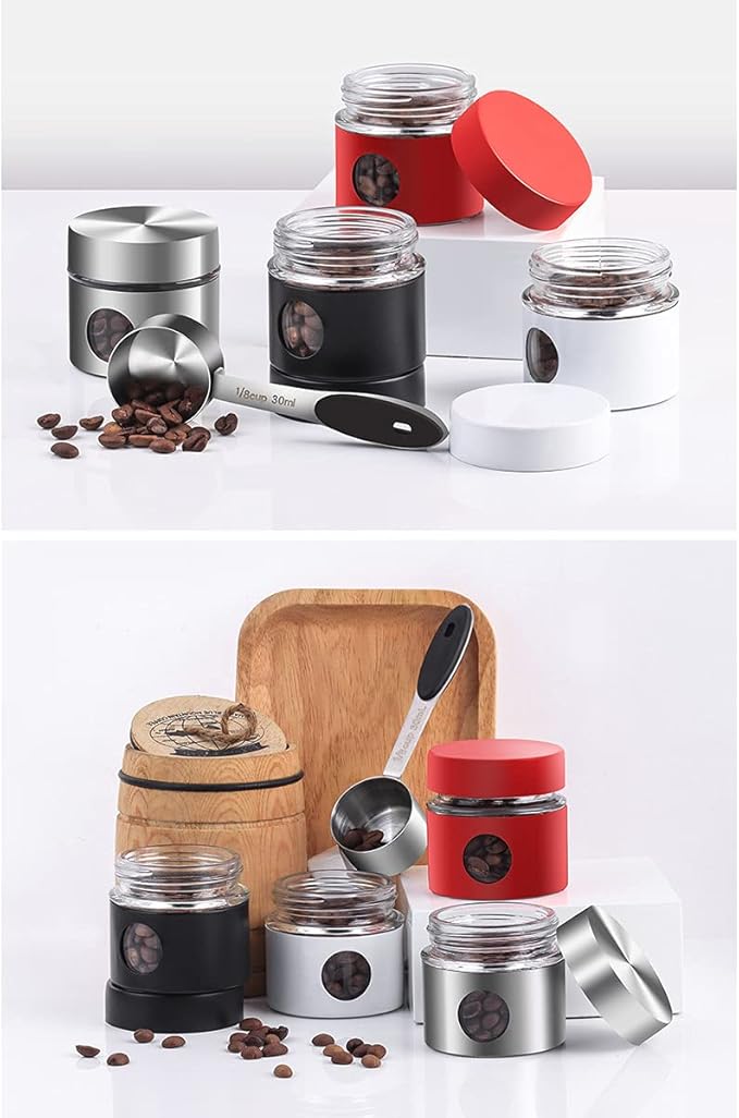 Coffee Canister Travel Jar, Mini Airtight Stainless Steel and Glass Food Storage Container Great for Coffee Bean and Coffee Grounds - Silver, 1.4 OZ