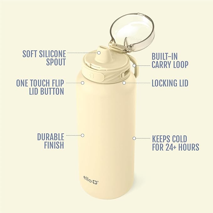 Ello Cooper 32oz Stainless Steel Water Bottle Vacuum Insulated with Straw and Carry Handle, Leak Proof Locking Lid with Soft Silicone Spout, Dishwasher Safe, Butter Yellow
