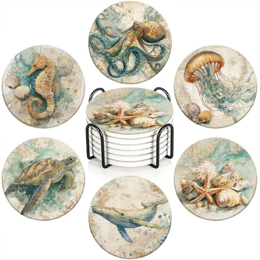 Ocean Coasters Set of 6,Absorbent Drink Coasters Cork Base Non-Slip Coasters,Marine Animal Coastal Beach Decor Coasters,for Apartment Kitchen Bar Decor,for Dining Tables Coffee Table,4in