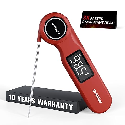 Instant Read Meat Thermometer, GrillBliss Digital Meat Thermometer with ±0.5℉ Accuracy and 0.5S Fast Reading, Food Thermometer with VA LCD Display, Cooking Thermometer for Candy, Grill, BBQ, Brewing