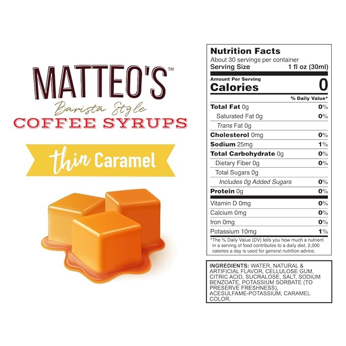 Matteo's Caramel Syrup for Coffee, Lattes, Cappuccinos & Desserts – Sugar-Free Sweetener for Beverages, Keto Friendly, Zero Calories, Indulgent Flavor, Non-Alcoholic, Ideal for Coffee 33.8oz (6pk)