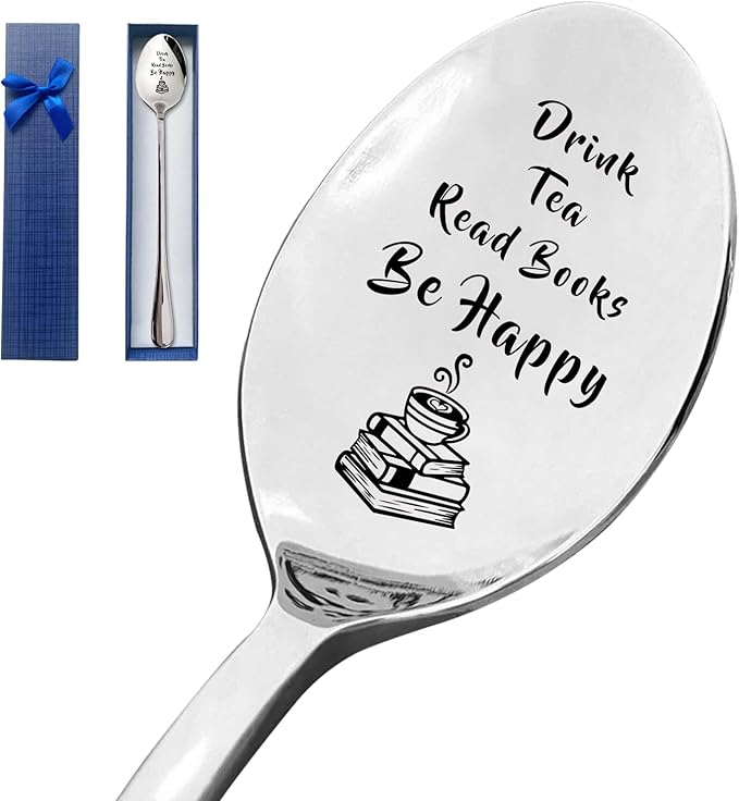 Drink Tea Read Books Be Happy spoon Funny Engraved Stainless Steel Spoon,Gifts for Readers Book Lover Daughter Son Friends Coworkers Women Men for Birthday Graduation Christmas Gifts