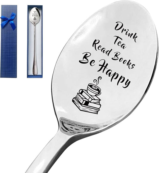 Drink Tea Read Books Be Happy spoon Funny Engraved Stainless Steel Spoon,Gifts for Readers Book Lover Daughter Son Friends Coworkers Women Men for Birthday Graduation Christmas Gifts