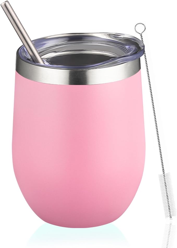 12oz Wine Tumbler with lid, Stainless Steel Travel Mugs Stemless Double Wall Insulated Coffee Cup, Insulated Wine Glasses Travel Tumbler for Cold & Hot Drinks(Light Pink, 1)