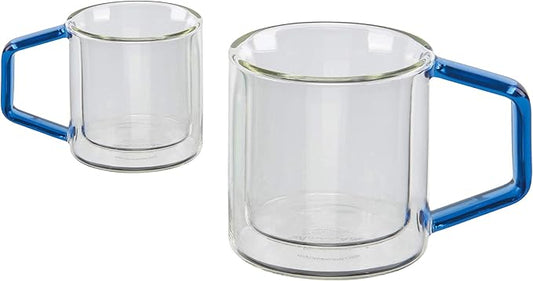 casaWare 4-Ounce Set of 2 Double Wall Insulated Borosilicate Glass Espresso Coffee Mugs with Comfort Fit Colored Handles (Blue)