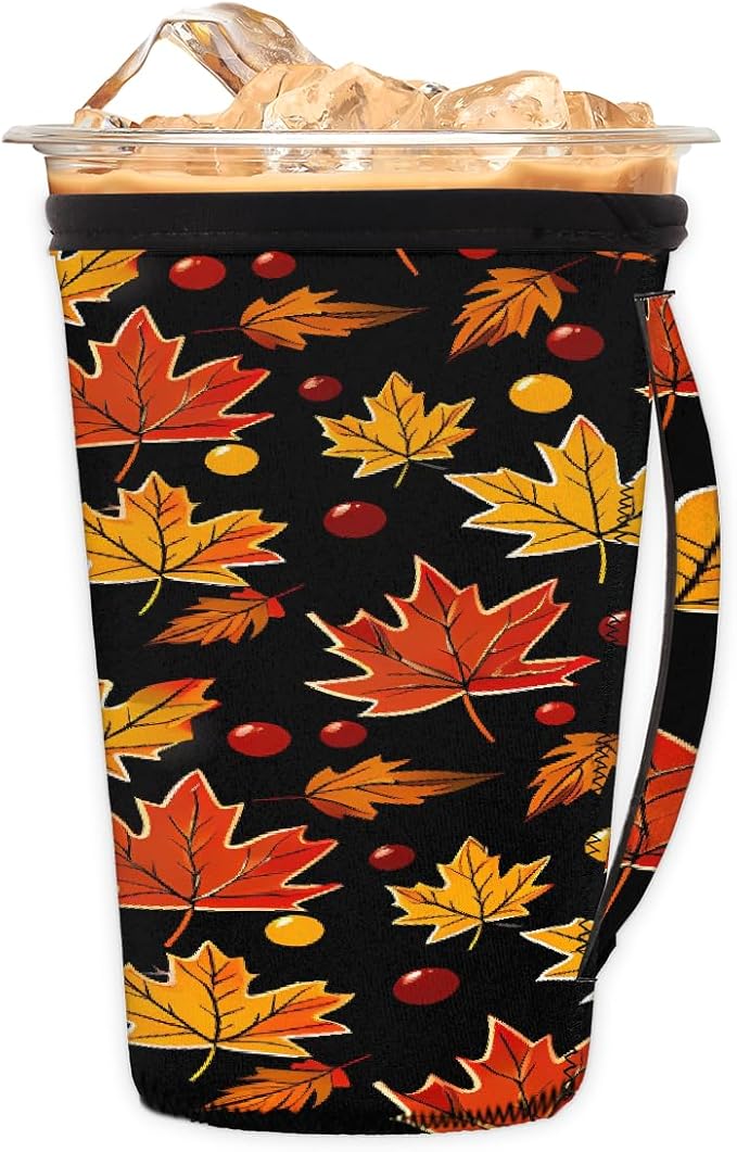 Reusable Iced Coffee Sleeve with Handle, Fall Autumn Maple Leaves Pattern Neoprene Cup Sleeve Insulator Cup Holder for Cold Drinks Beverages 30oz - 32oz