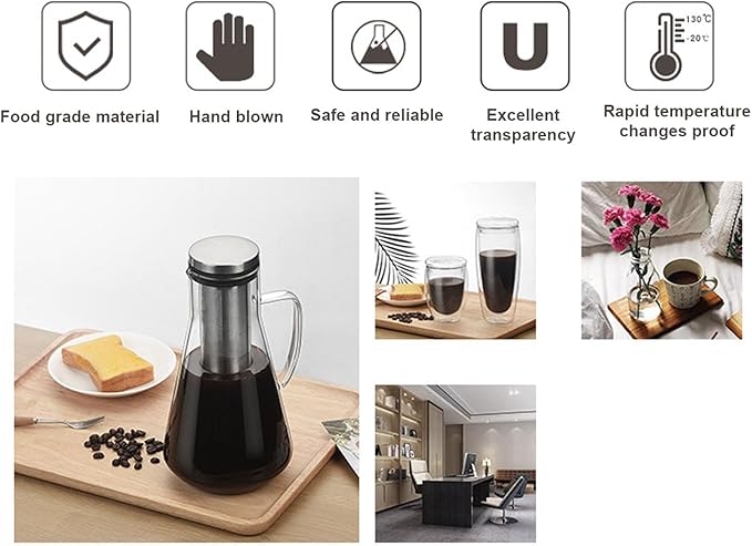 Haofy Cold Brew Coffee Maker, Thickened Borosilicate Glass with 304 Stainless Steel Filter, Airtight Sealing for Freshness, for Ice Tea Hot Tea Fruit Drinks (1600ML)