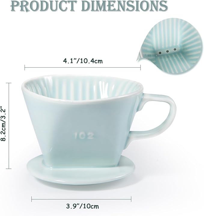 Pour Over Coffee Dripper, Ceramic Pour Over Coffee Maker with 3 Holes Flat Bottom, Easy Manual Brew Maker, Porcelain Slow Filter Cone for Travel, Camping, Office, Home, Green