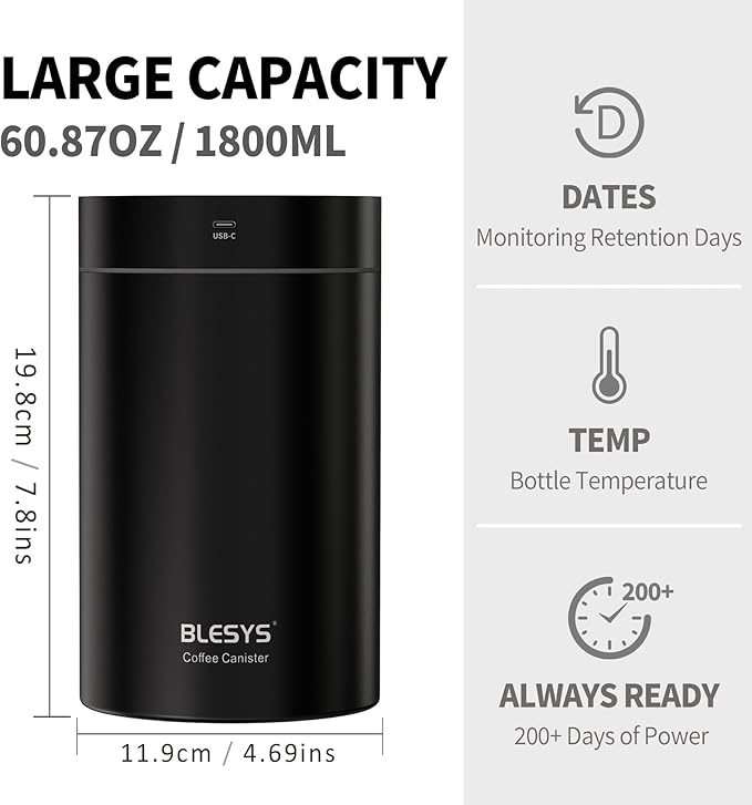 Smart Vacuum Coffee Canister, Automatic Stainless Steel Food Storage Container, LCD Monitoring, One-touch Freshness, Date Tracker, Extra-long Standby Time, holds 20oz Coffee Beans (Black, 1.8L)