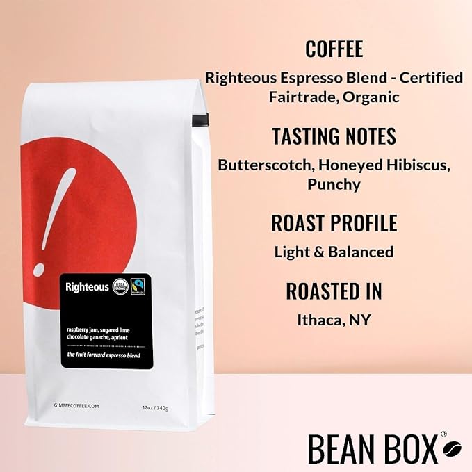 Righteous Espresso Blend - Certified Fairtrade, Organic - Roasted by Gimme! Coffee - Whole Bean Coffee - 6 Ounce Bag
