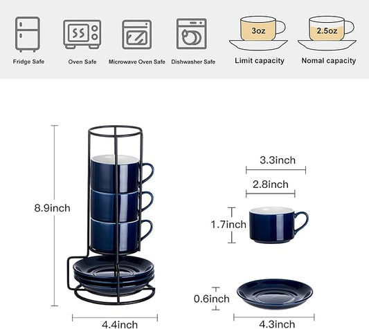 Meichu 2.5oz Porcelain Stackable Espresso Cups with Saucers and Metal Stand Set of 4, Stackable Espresso Cups Set of 4, Blue Expresso Shots Cup Set for Cappuccino, Coffee Drinks, Latte, Tea