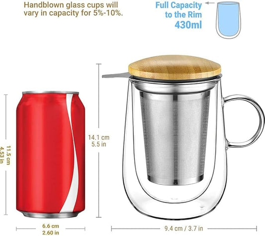 glastal Tea Infuser Mug 14.5oz Insulated Heatproof Glass Tea Cup with Removable Infuser and Lid, Clear Glass Teacup 430ml Double Wall Borosilicate Glass Teacup for Loose Tea, Gifts for Parents Dad Mum