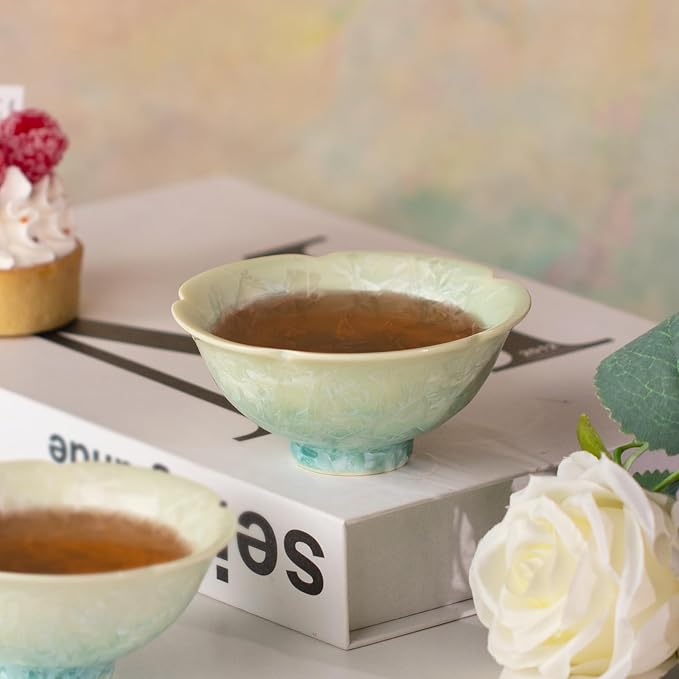 KAMMAK Ceramic Tea & Coffee Cups Set of 2 - Vintage Crystalline Glaze Espresso Mugs, 2.5oz Hand Painted for Afternoon Tea or Coffee, Birthday Gift for Women Men, Pu'er Cup