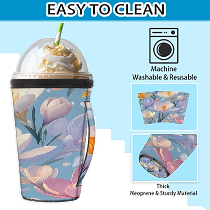 Reusable Iced Coffee Cup Sleeve Daffodils Neoprene Insulated Sleeves Cup Holder with handle Idea for 16oz - 18oz