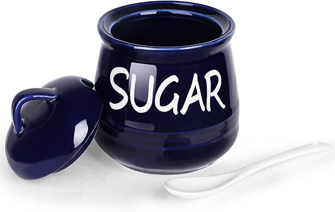 HAOTOP Porcelain Sugar Bowl with Lid and Spoon 12 oz (Navy)